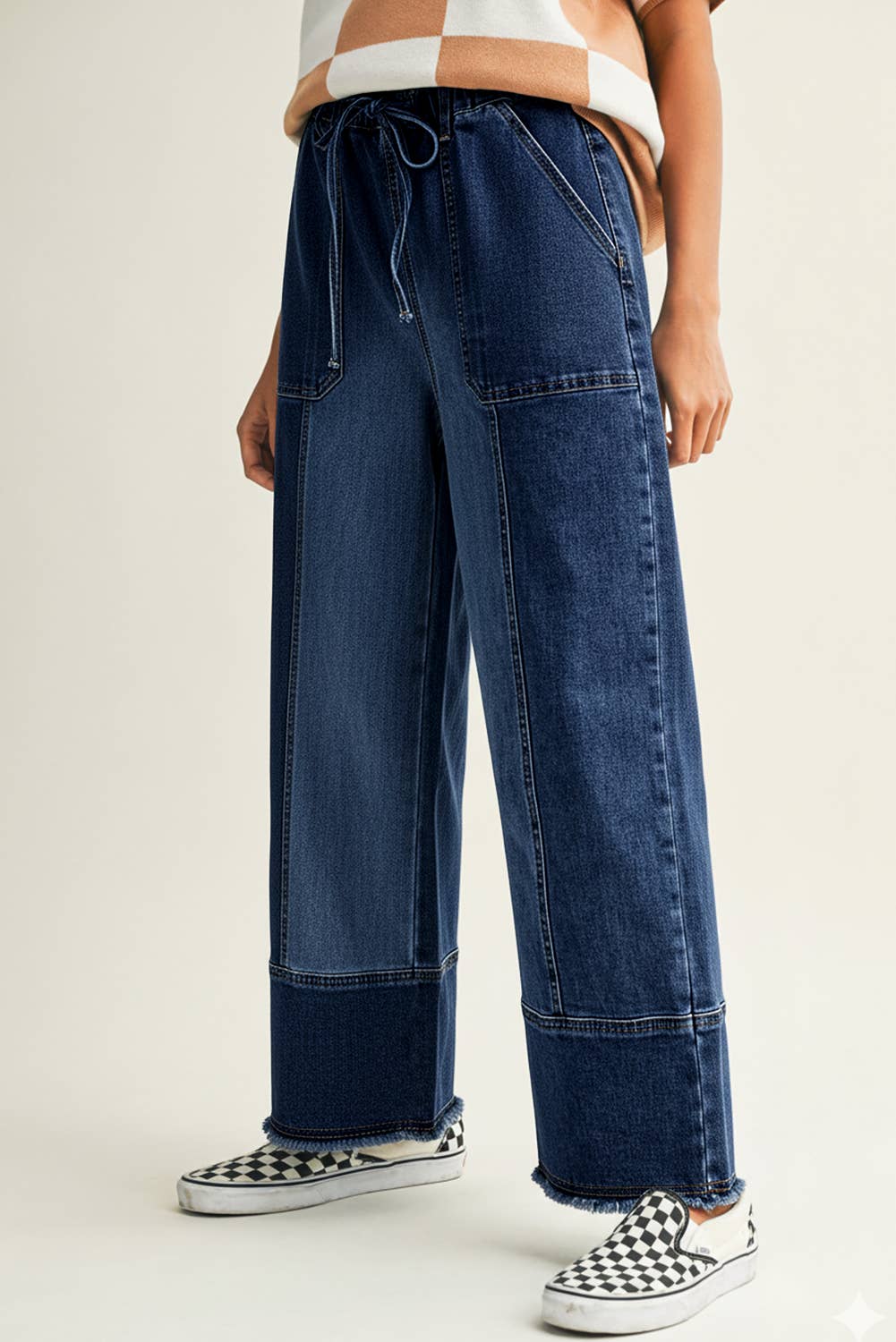 Drawstring Seam Detail Raw Hem Wide Leg Denim Pants