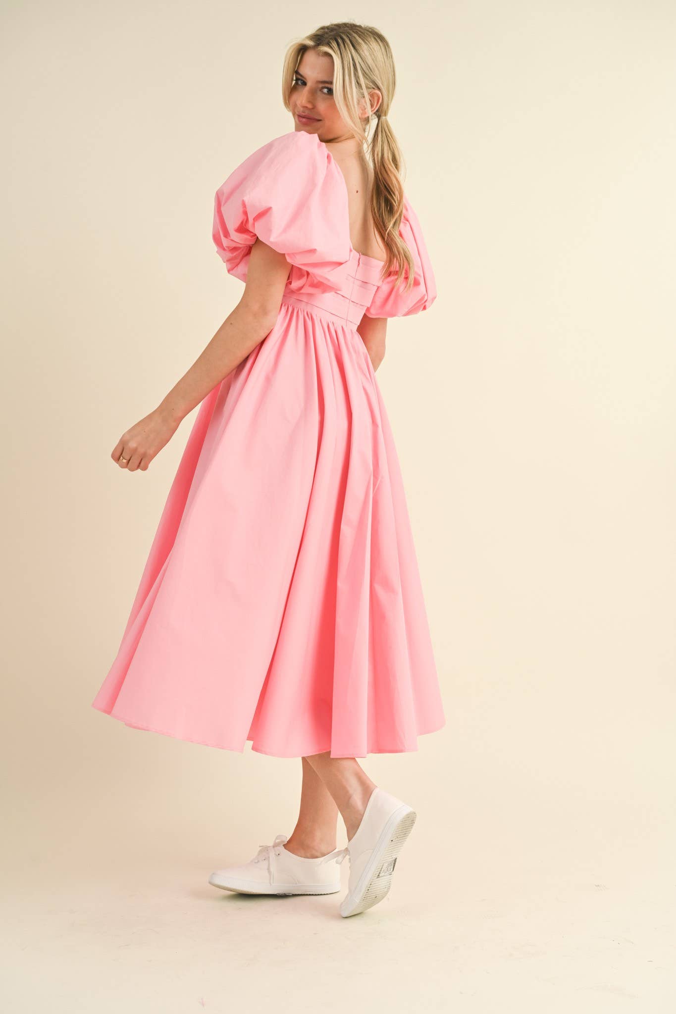 Balloon Sleeve Pleated Midi Dress
