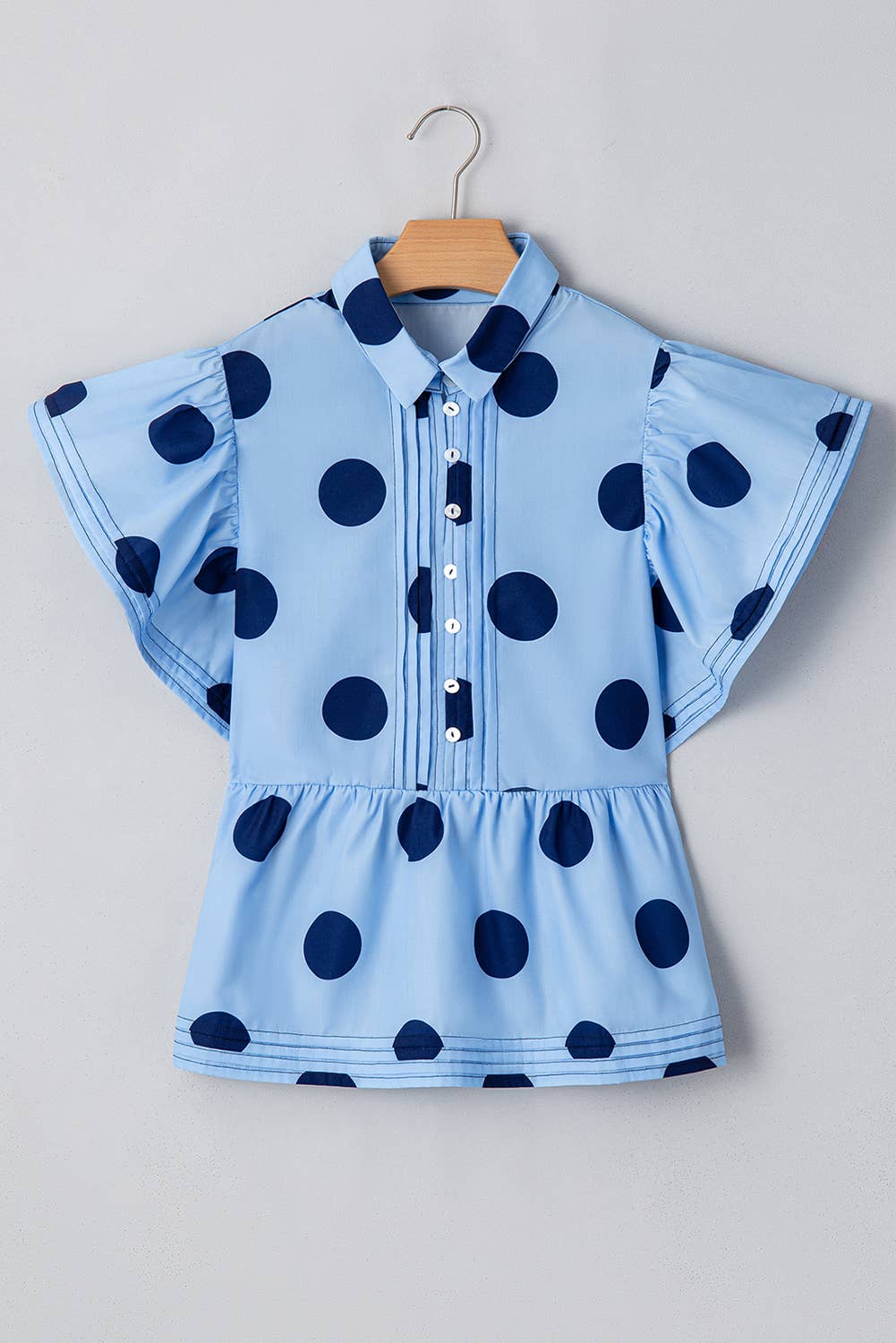 Polka Dot Print Ruffled Buttoned Collared Top