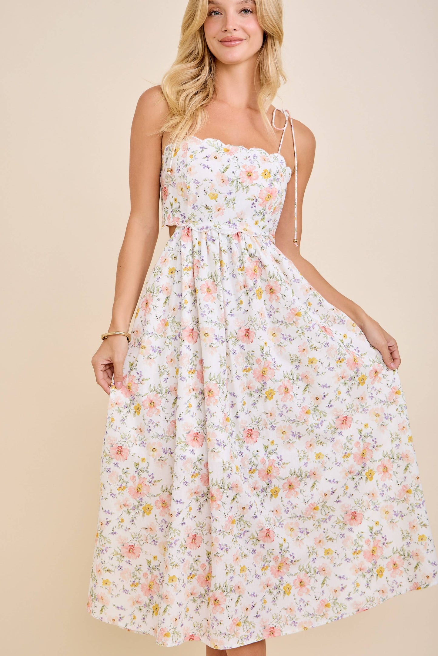 Scallop Edge Tie Shoulder Floral Midi Dress