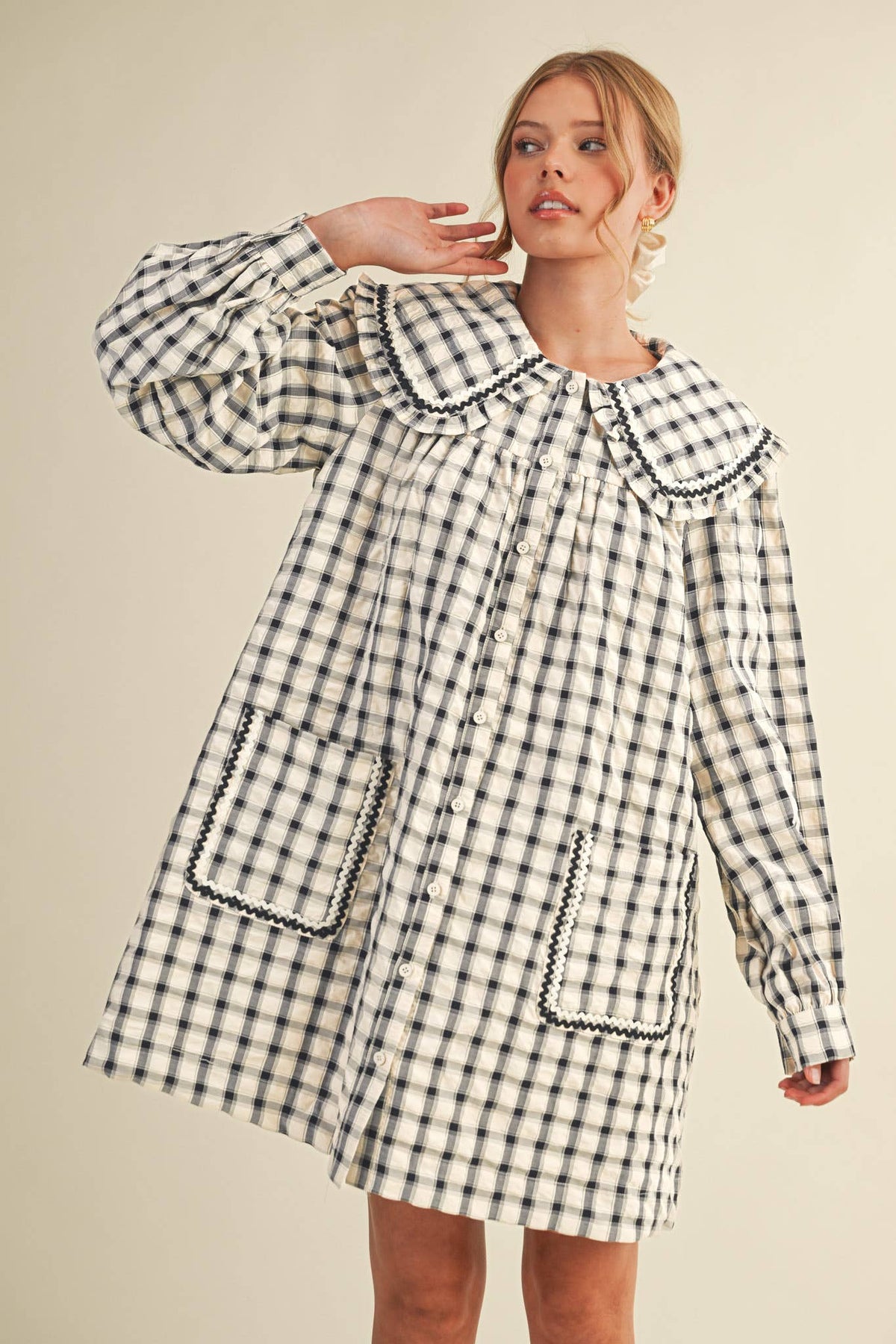 DOLL COLLAR BUTTON DOWN PLAID MINI DRESS