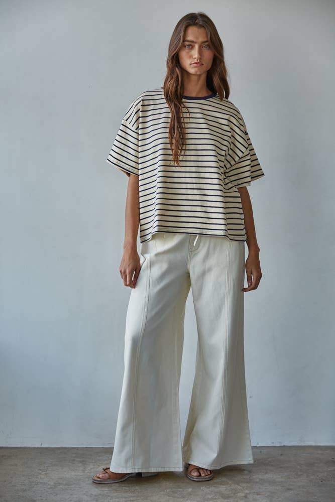 Knit Cotton Striped Short Sleeve Crew Neck Top