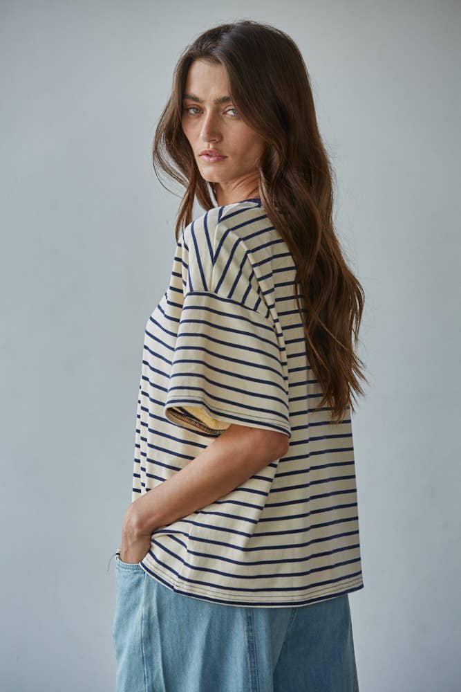 Knit Cotton Striped Short Sleeve Crew Neck Top