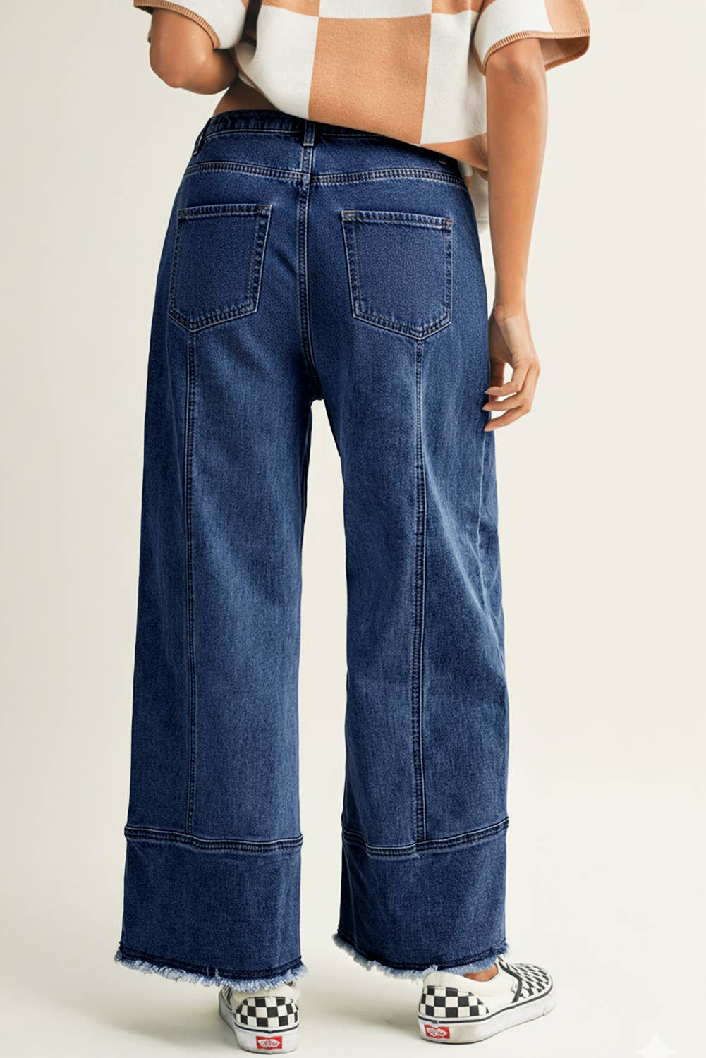 Drawstring Seam Detail Raw Hem Wide Leg Denim Pants