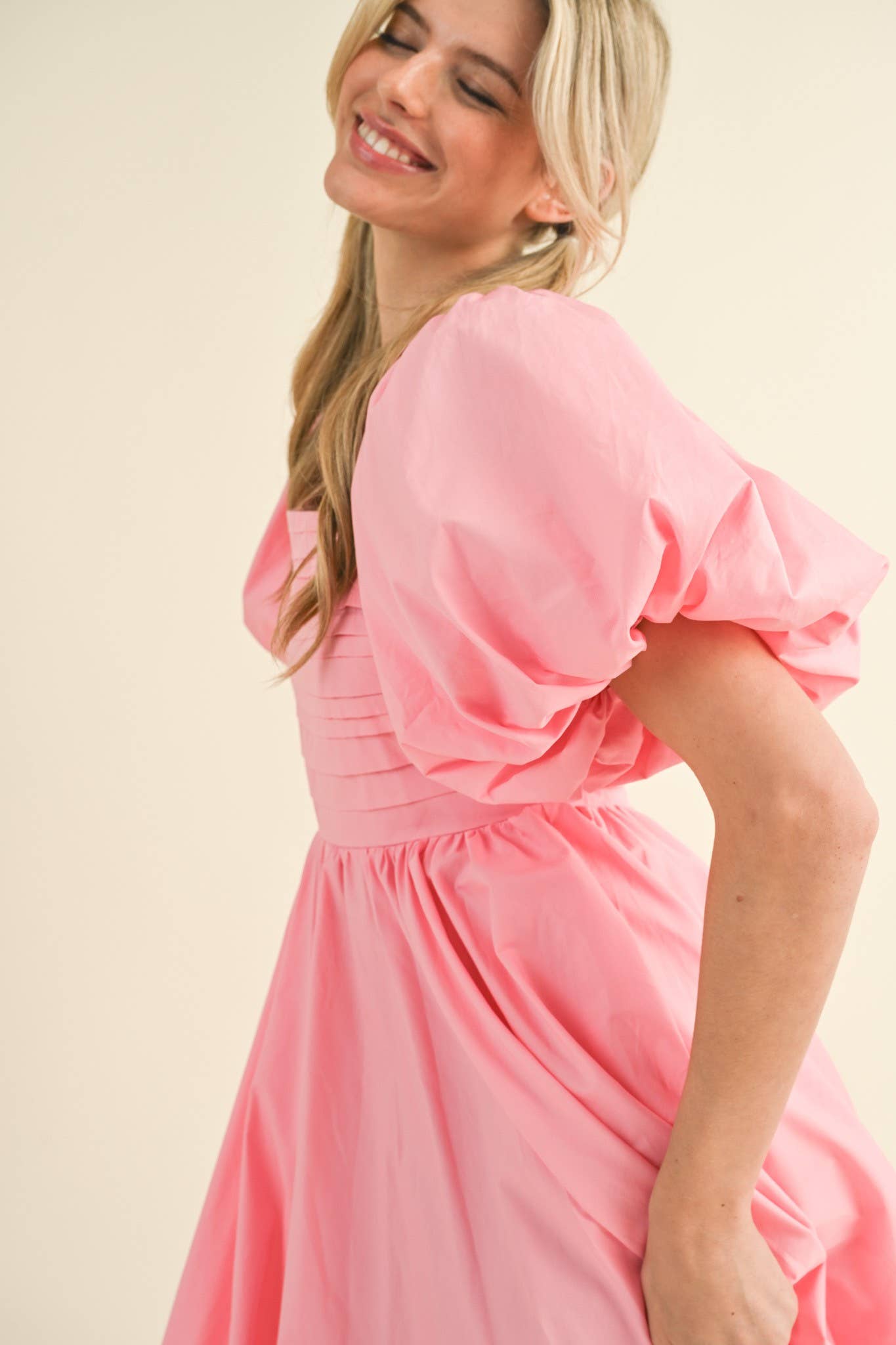 Balloon Sleeve Pleated Midi Dress